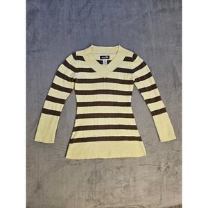 Vibrations Womens Striped V-Neck Cable Knit Sweater Yellow Brown Size 7/8